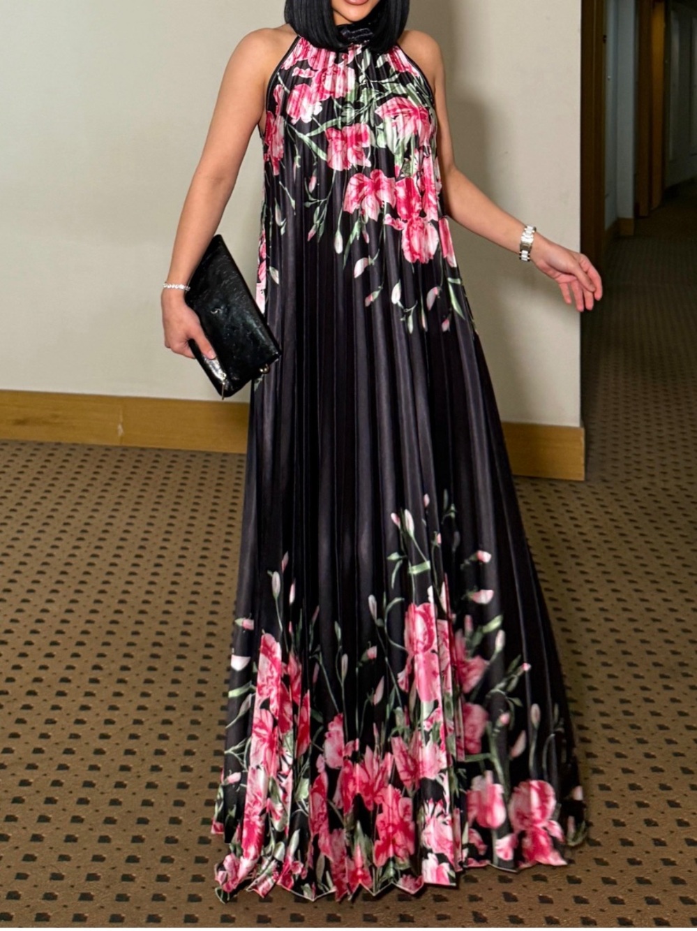 Black Maxi Dress with Pink Floral Print